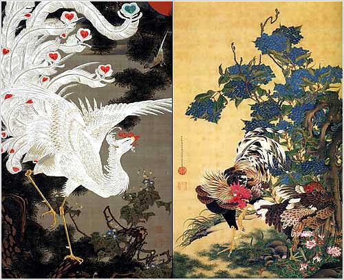 伊藤若冲展、動植綵絵の中の芙蓉双鶏図と老松白鳳図